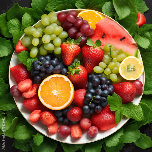 Diverse fruit platter with ripe strawberries sweet grapes fresh citrus, combining natural sweet and nutritious flavors