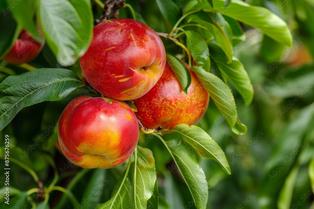 Fototapeta premium Ripe Red Plums Hanging From a Branch