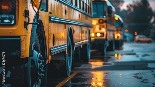 Row of parked school buses ready to pick up students