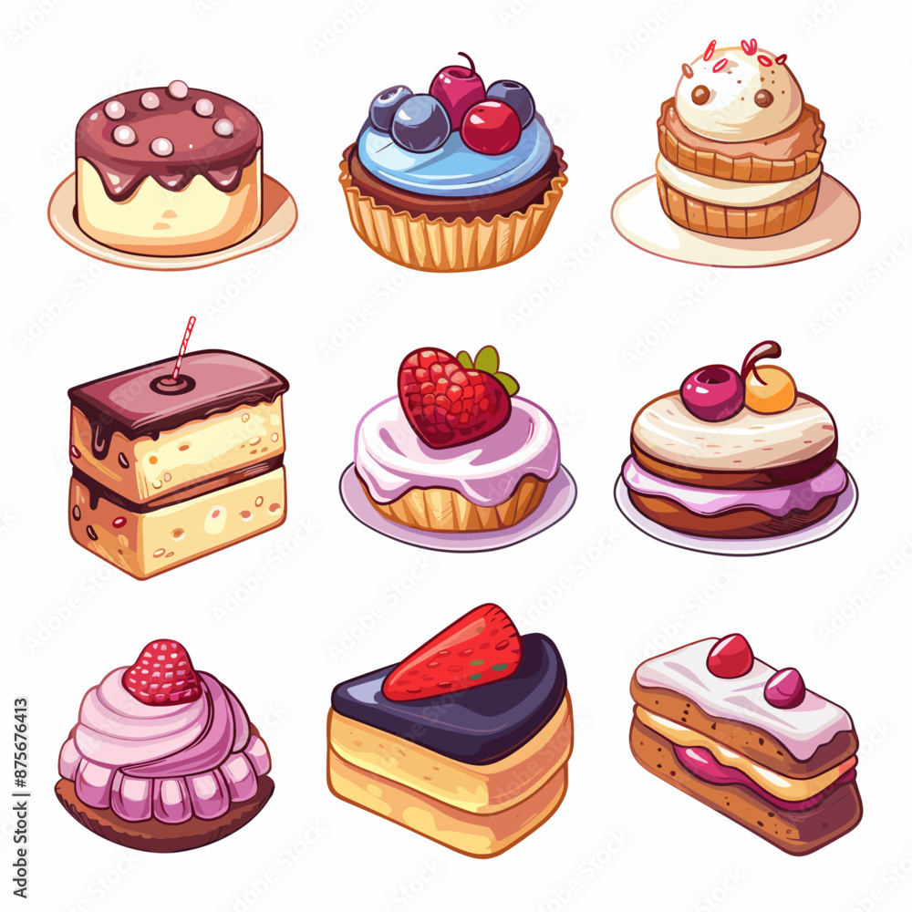 Set of Cartoon Desserts, Cakes, and Pastries Set of Cartoon Desserts, Cakes, and Pastries