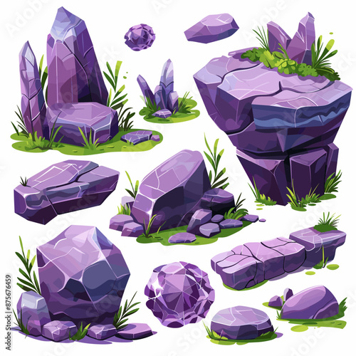 Purple Rocks and Crystals Set for Game Design