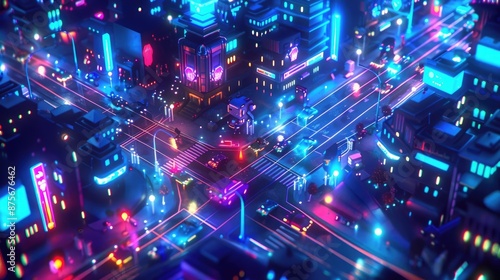 A 3D isometric view of a futuristic city at night, with neon lights illuminating cute, small robotic creatures roaming the streets