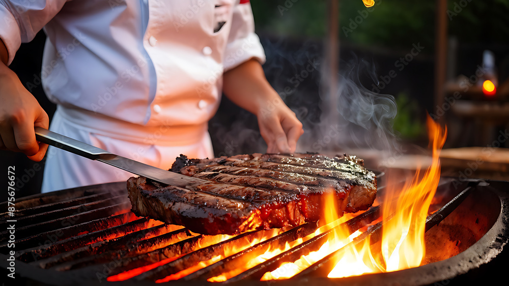 Fototapeta premium Close up of a chef grilling a steak on a hot barbecue.