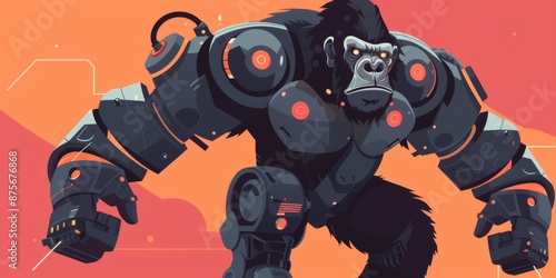 RoboGorilla: A Flat Vector Illustration of a Robotic Gorilla, Blending Technology with the Majesty of Nature. photo