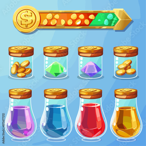Game UI with gold coins, gems, and potions in glass jars.