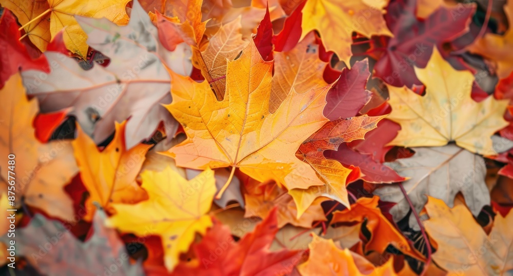 A close-up view of colorful autumn leaves, showcasing vibrant hues of red, orange, and yellow A close-up view of colorful autumn leaves, showcasing vibrant hues of red, orange, and yellow