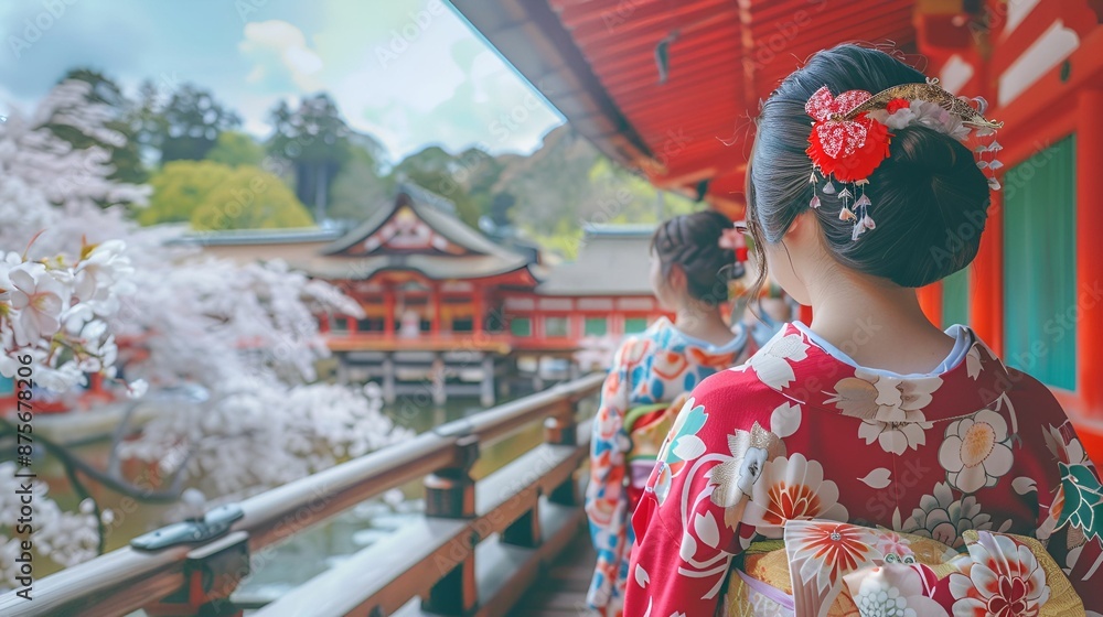 Obraz premium Women in colorful kimonos (Japan) walk through a traditional setting adorned with cherry blossoms.