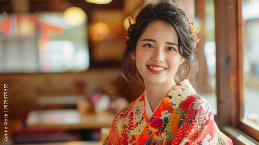 Beautiful Japanese woman sitting in a cafe with a happy expression, wearing a brightly colored kimono, Ai Generated Images Beautiful Japanese woman sitting in a cafe with a happy expression, wearing a brightly colored kimono, Ai Generated Images