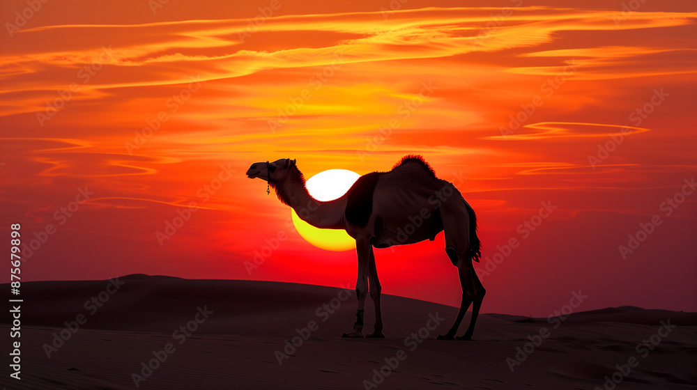 silhouette of camel in desert, round sunset background, Ai generated Images silhouette of camel in desert, round sunset background, Ai generated Images
