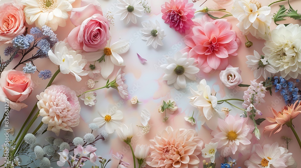 Delicate Pastel Flower Bouquet Flat Lay with Creative 16:9 Layout Delicate Pastel Flower Bouquet Flat Lay with Creative 16:9 Layout