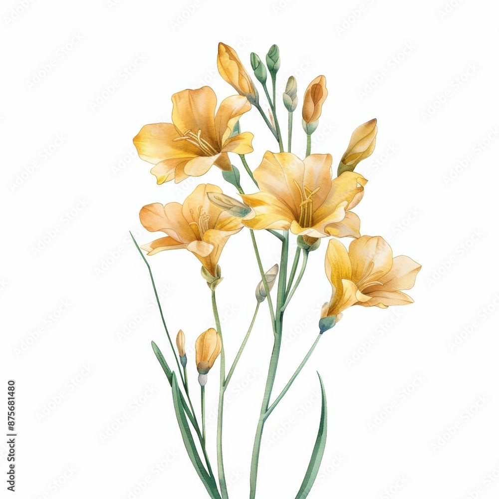 A gentle watercolor yellow freesia with slender stems isolated on white A gentle watercolor yellow freesia with slender stems isolated on white