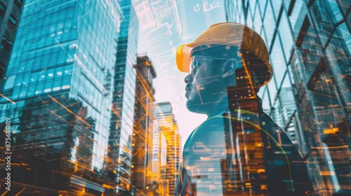 Obraz Architectural engineer overlaid with city skyscrapers, construction concept