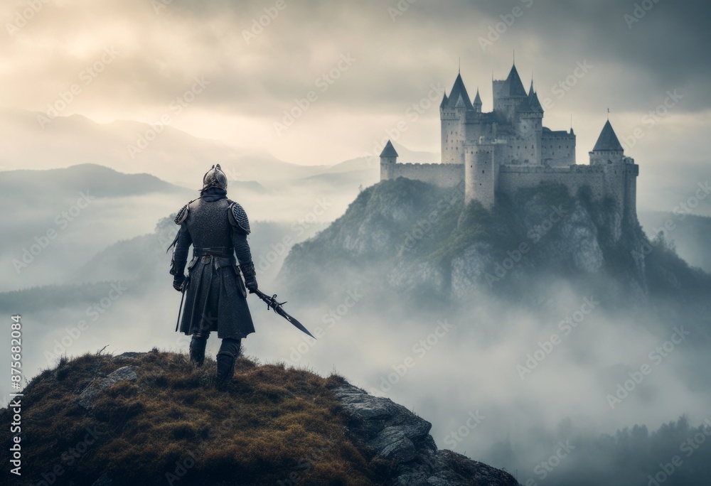 Obraz premium landscape tory warrior stands knight castle front mountain fantasy background