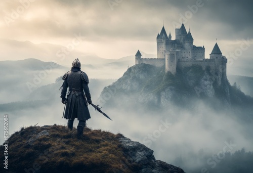 landscape tory warrior stands knight castle front mountain fantasy background 