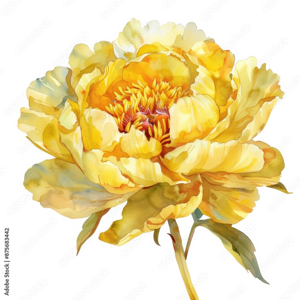 A serene watercolor yellow peony with delicate layers of petals isolated on a white background A serene watercolor yellow peony with delicate layers of petals isolated on a white background