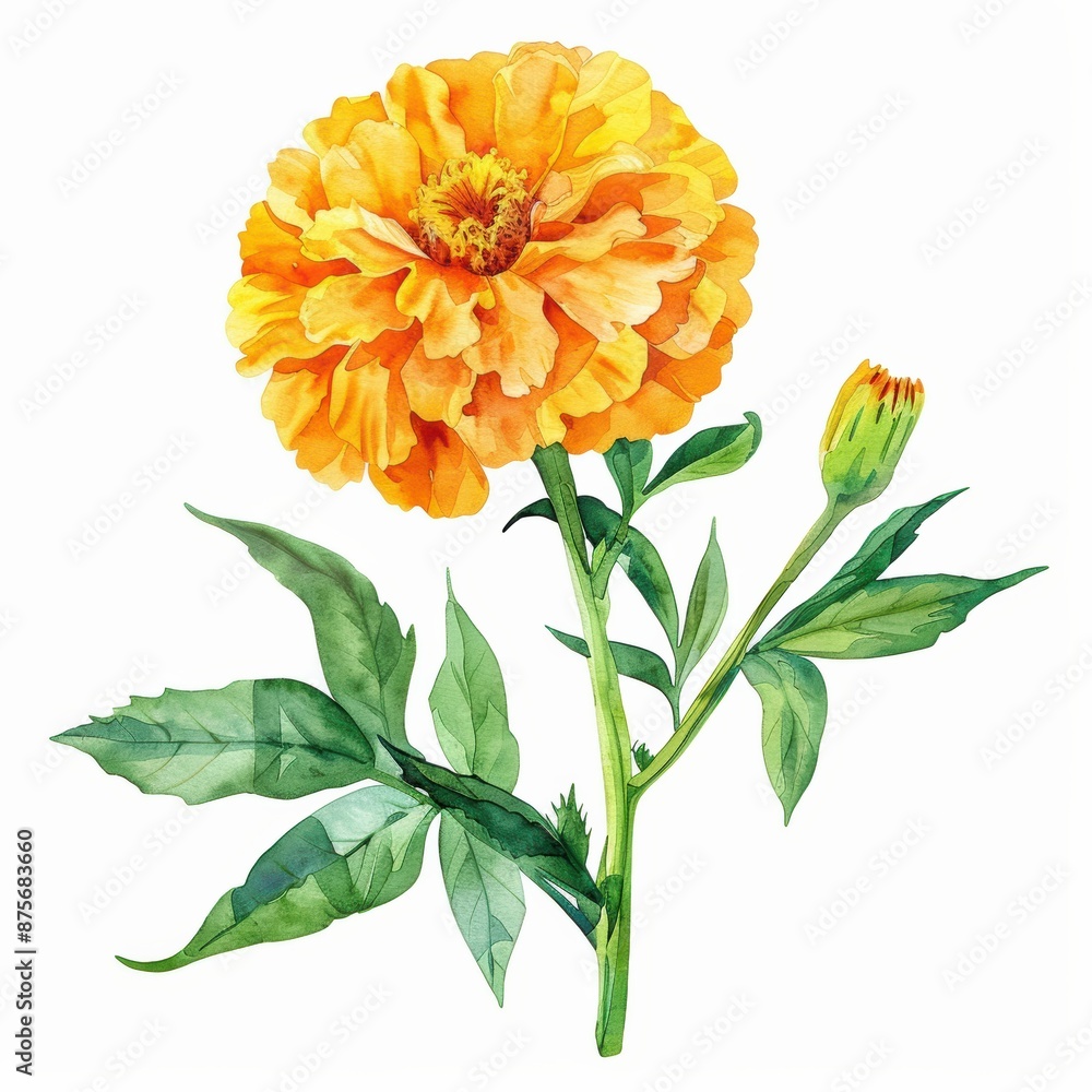 A simple watercolor yellow marigold with lush green leaves isolated on white A simple watercolor yellow marigold with lush green leaves isolated on white