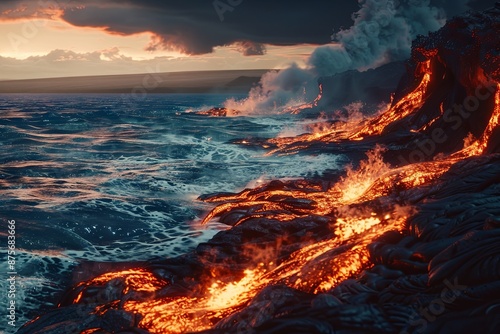 Lava Flow Meets the Ocean at Sunset