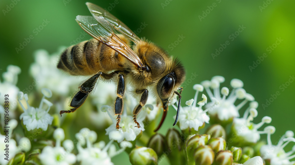 A close-up of a bee pollinating a flower with copy space A close-up of a bee pollinating a flower with copy space