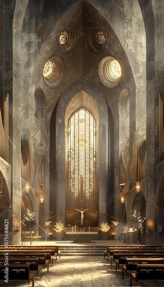 Fototapeta premium Stunning interior of a grand cathedral with Gothic architecture. Sunlight streams through intricate stained glass windows, creating a serene atmosphere.