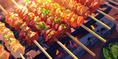 Delicious grilled chicken Japanese food illustration in anime style. Vibrant and colorful depiction of traditional Japanese cuisine with grilled chicken, perfect for food lovers and anime enthusiasts