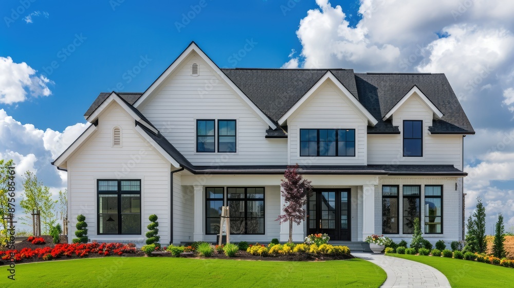 Elegant house with white siding and black roof against a blue sky Elegant house with white siding and black roof against a blue sky