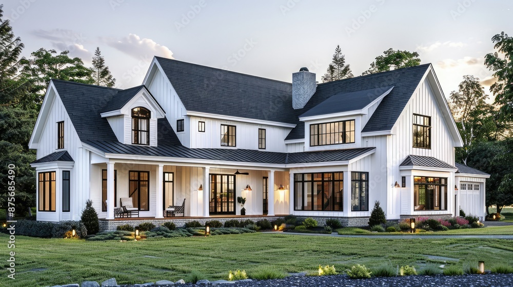 Obraz premium Elegant house with white siding and black roof against a clear sky