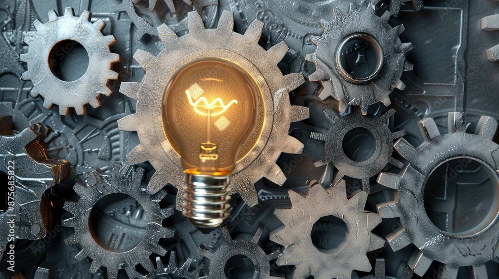 Idea light bulb and checkmark on cogwheels gears, planning and strategy Idea light bulb and checkmark on cogwheels gears, planning and strategy