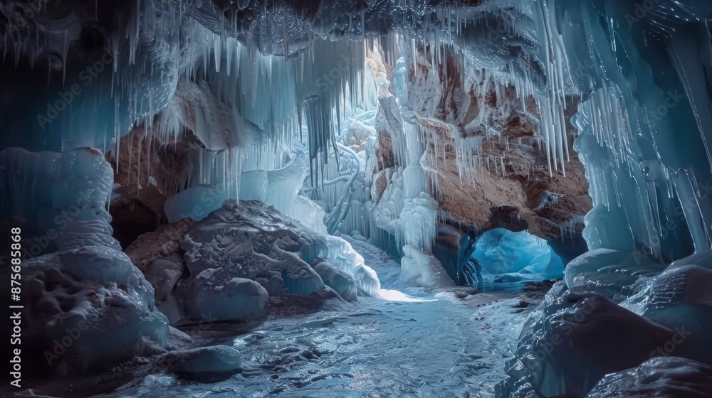 A frozen wonderland inside a glacier cave with hanging ice A frozen wonderland inside a glacier cave with hanging ice