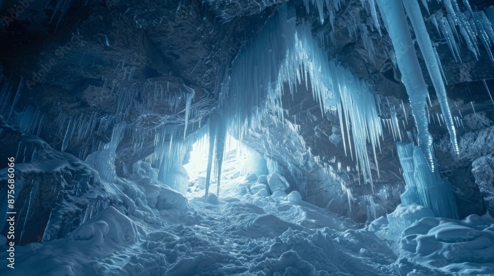 A majestic frozen cave with crystalclear icicles and snowcovered ground A majestic frozen cave with crystalclear icicles and snowcovered ground