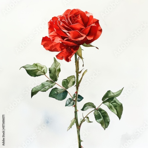 A watercolor painting of a single red rose isolated on a white background