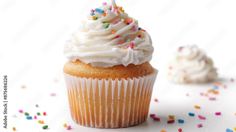 Tasty vanilla cupcake with cream and sprinkles isolated on white Tasty vanilla cupcake with cream and sprinkles isolated on white
