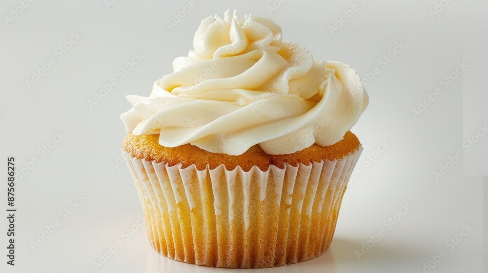 Tasty vanilla cupcake with creamy swirl on a white backdrop Tasty vanilla cupcake with creamy swirl on a white backdrop