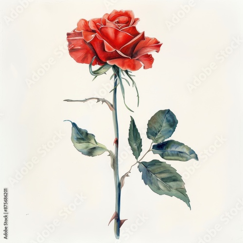 A watercolor painting of a single red rose isolated on a white background