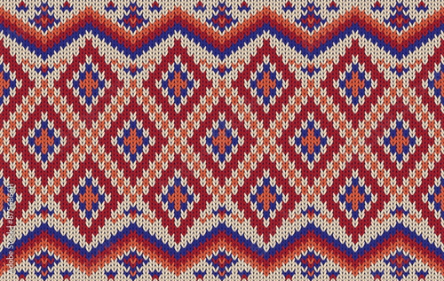 Knitted pattern seamless fabric red-blue color tone. traditional knitted pattern vector ethnic style. Designed for background ,wallpaper ,carpet ,clothing ,knitted pattern ,fabric ,pixel art ,textile
