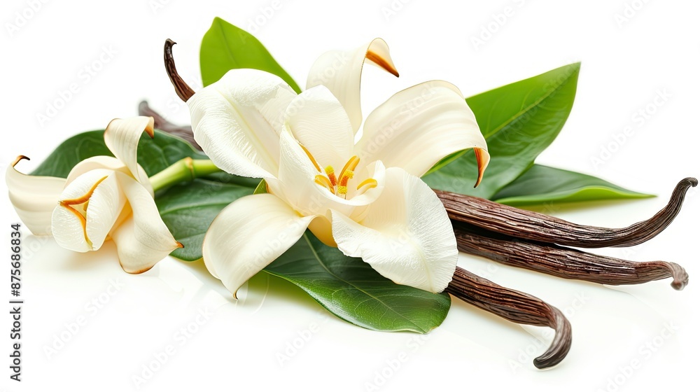 Vanilla flower and pods with green leaves isolated on a white backdrop Vanilla flower and pods with green leaves isolated on a white backdrop