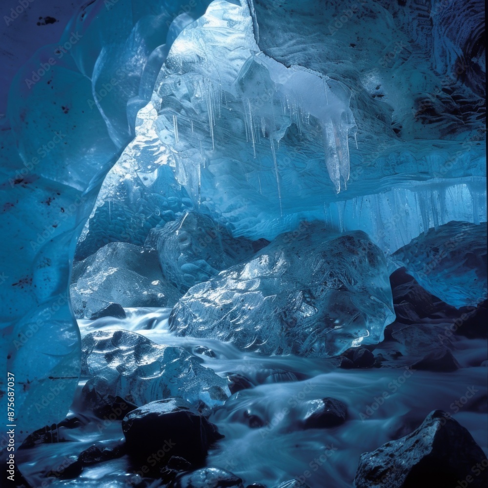 Enchanting glacier cave with dramatic ice sculptures and a blue glow Enchanting glacier cave with dramatic ice sculptures and a blue glow