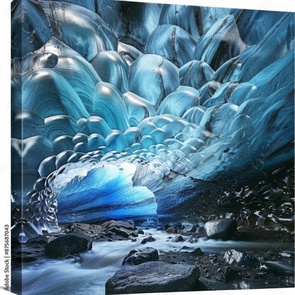 Fototapeta premium Enchanting glacier cave with dramatic ice sculptures and a blue glow