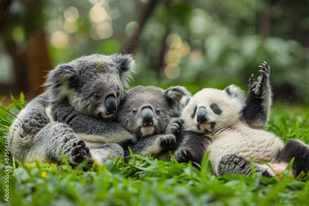 Obraz premium Adorable Koalas and Panda Cub Playing Together