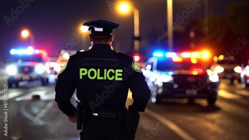 Police Officer Standing on Night Road Generative AI
