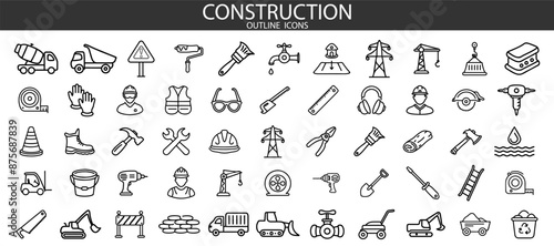 Build and construction icon element set. Containing crane, building, land, excavator, maintenance, contractor, worker, architecture and more. Solid icons vector collection.