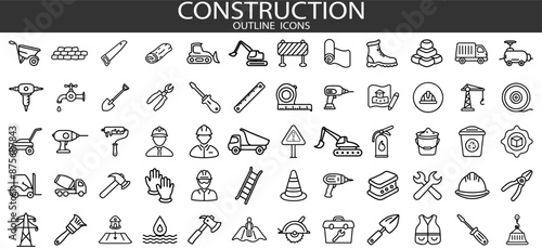 Build and construction icon element set. Containing crane, building, land, excavator, maintenance, contractor, worker, architecture and more. Solid icons vector collection.