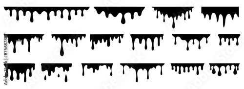 Black melting paint. Dripping splatter and dribble brush strokes with stain and leak, dirty fluid brush icons. Vector isolated set. Different borders with flowing ink, sticky liquid design