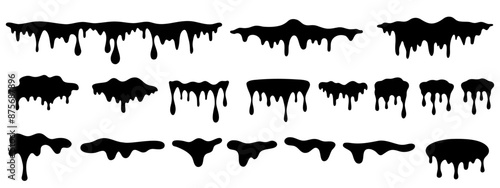 Black melting paint. Dripping splatter and dribble brush strokes with stain and leak, dirty fluid brush icons. Vector isolated set. Different borders with flowing ink, sticky liquid design