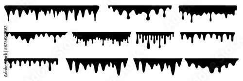 Black melting paint. Dripping splatter and dribble brush strokes with stain and leak, dirty fluid brush icons. Vector isolated set. Different borders with flowing ink, sticky liquid design