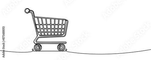 One continuous line drawing of shopping cart. Online shop purchase and supermarket symbol in simple linear style. Retail concept. Doodle vector illustration.