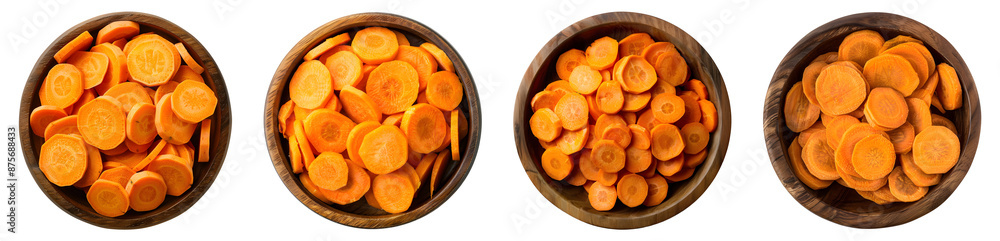 Sliced carrots, wooden bowl, isolated, PNG set Sliced carrots, wooden bowl, isolated, PNG set