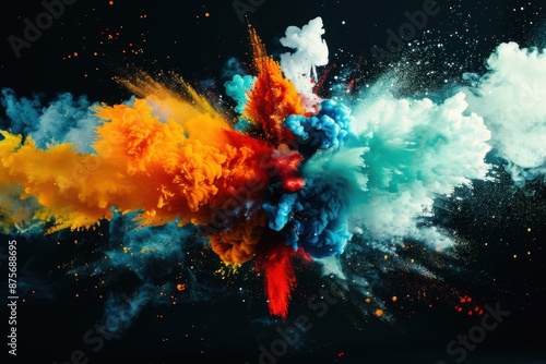 Editorial shot of huge fireworks, vibrant colored smoke, taken with a Hasselblad and 51mm lens. photo