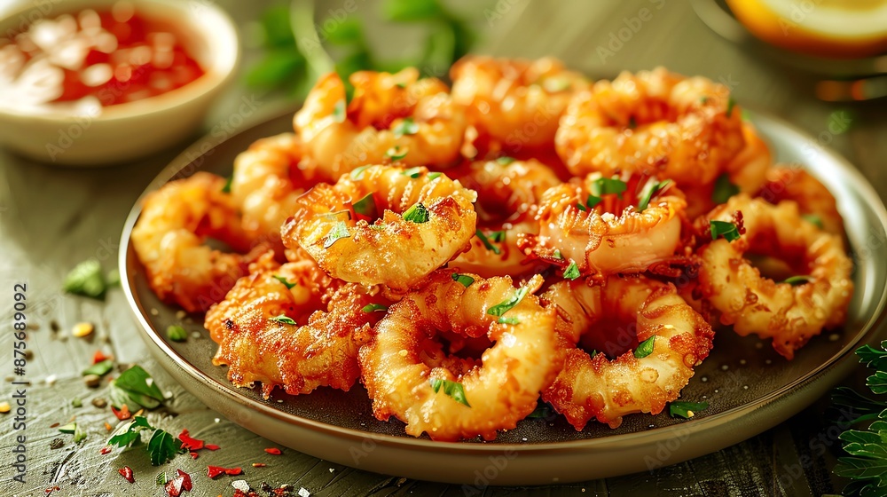 A plate of calamari, seafood, vector art, crispy and golden, isolated on white background A plate of calamari, seafood, vector art, crispy and golden, isolated on white background