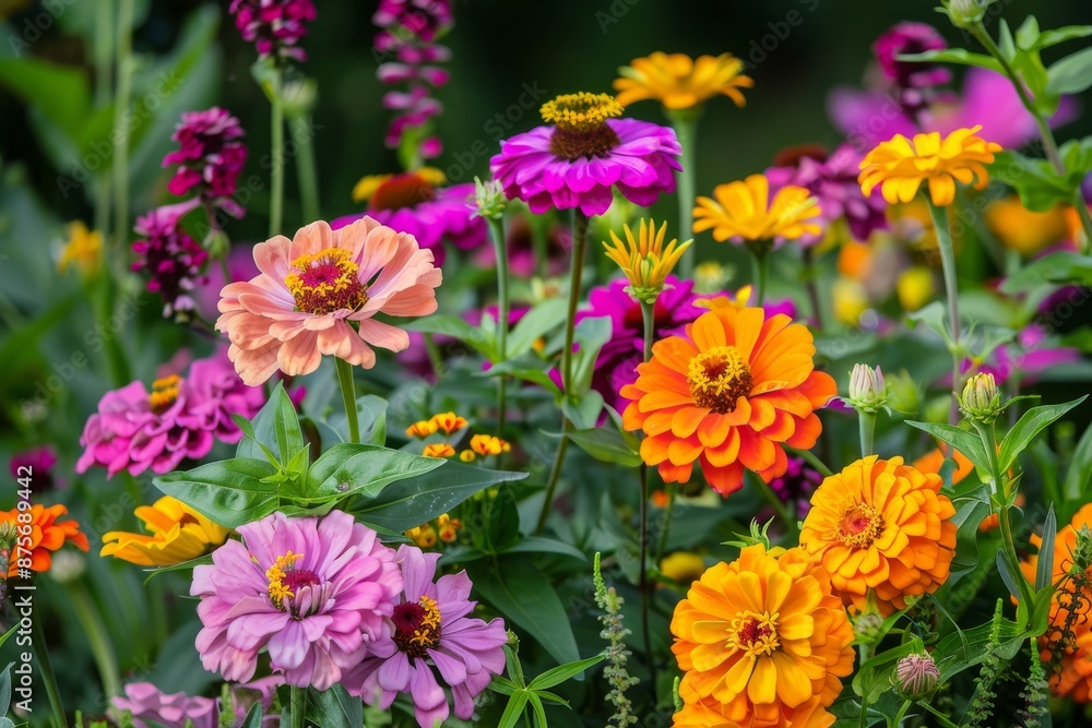 A Colorful Bouquet of Zinnia Flowers in a Garden A Colorful Bouquet of Zinnia Flowers in a Garden