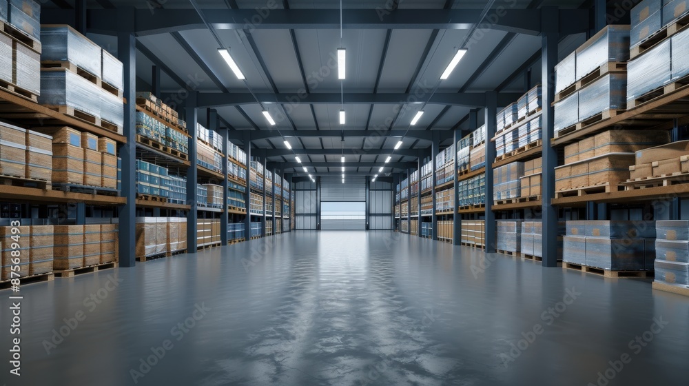 A large warehouse with many pallets of boxes stacked on top of each other. The warehouse is empty and the boxes are all in a row A large warehouse with many pallets of boxes stacked on top of each other. The warehouse is empty and the boxes are all in a row